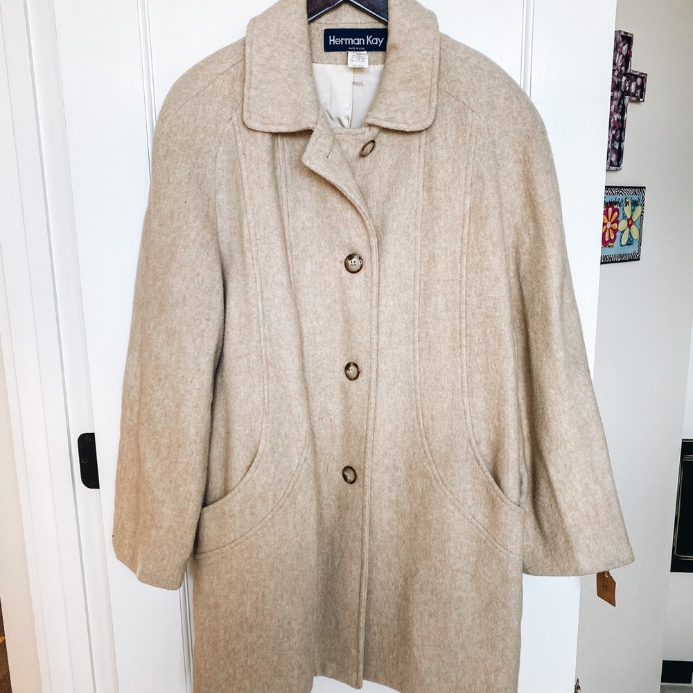 Vintage Herman Kay Camel Colored Knee Length Coat - tortoise buttons
